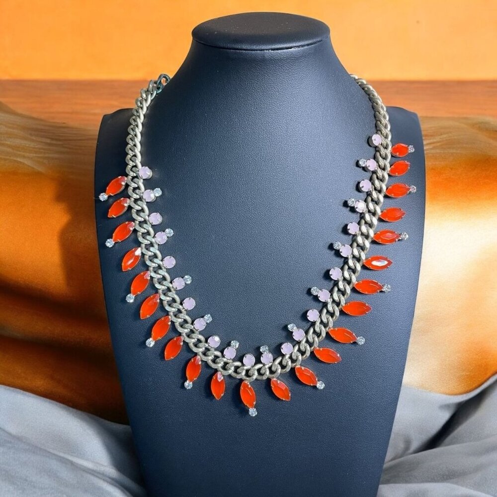Loft Statement Necklace Red Orange Crystal Rhinestone Bold Glam‎ Trendy Jewelry